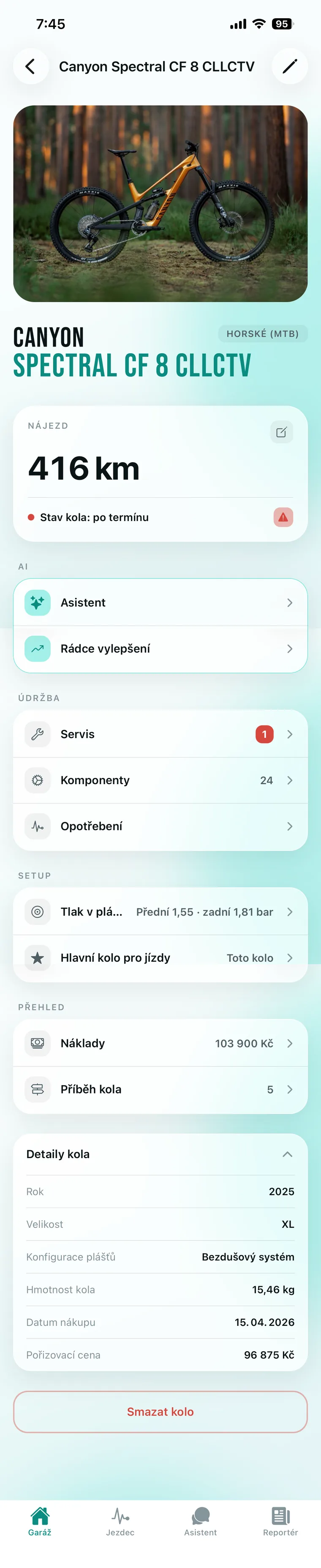 Detail kola v aplikaci
