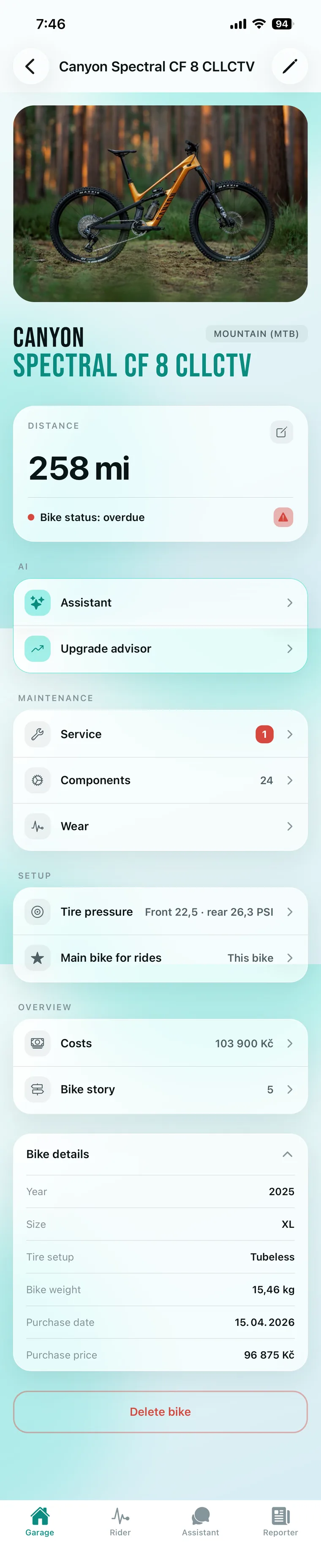 Bike detail screen in the app